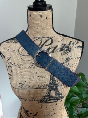 Noel Asmar Bold reversible Red/Blue Leather Belt with Silver Accent Buckle Med